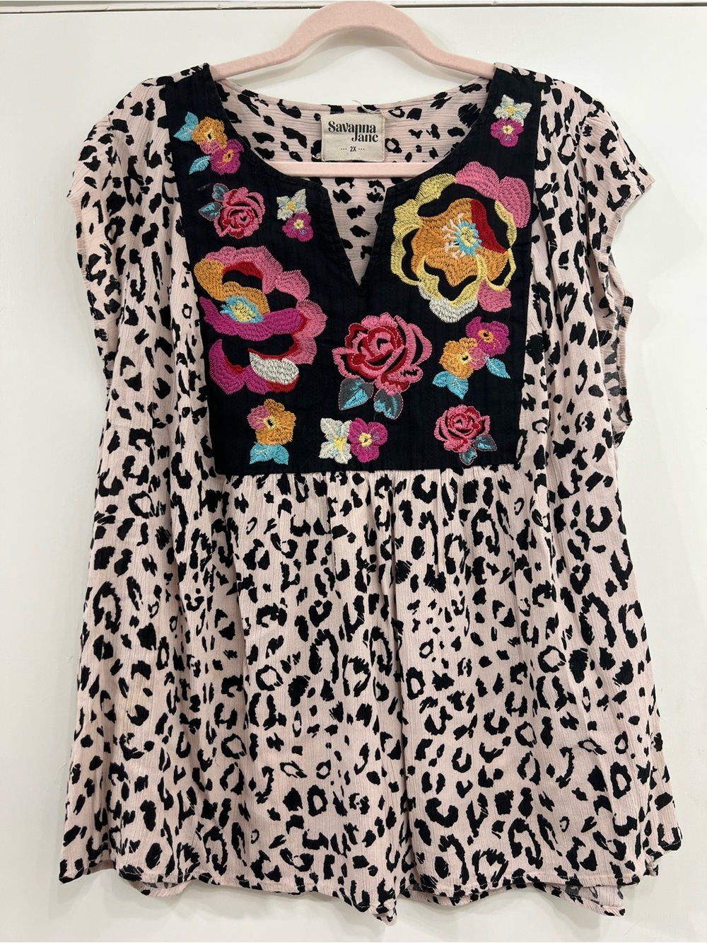 Savanna Jane Plus Size 2X Embroidered Floral Animal Print Boho Blouse Shirt